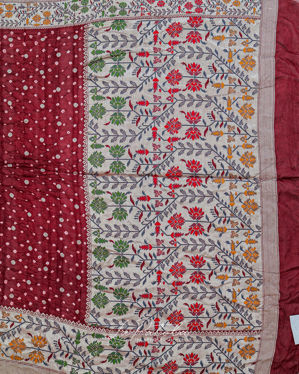 Maroon Floral Panel Bandhej Saree
