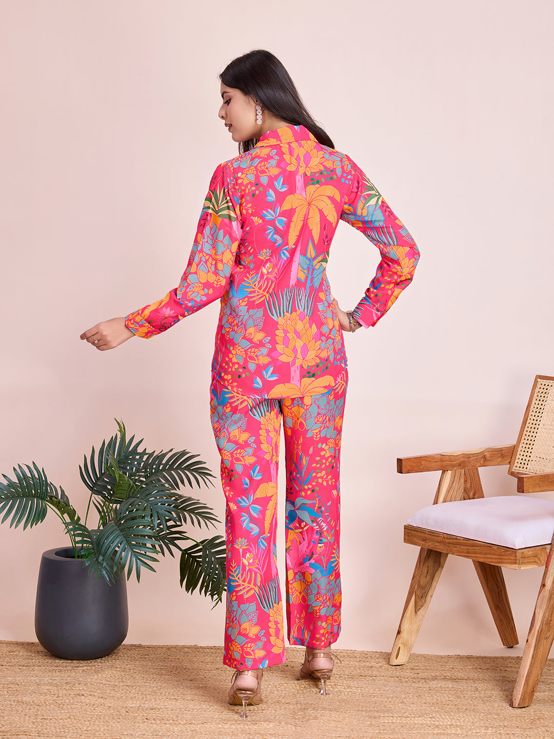 Pink Floral Digital Print Rayon Slub Cord Set