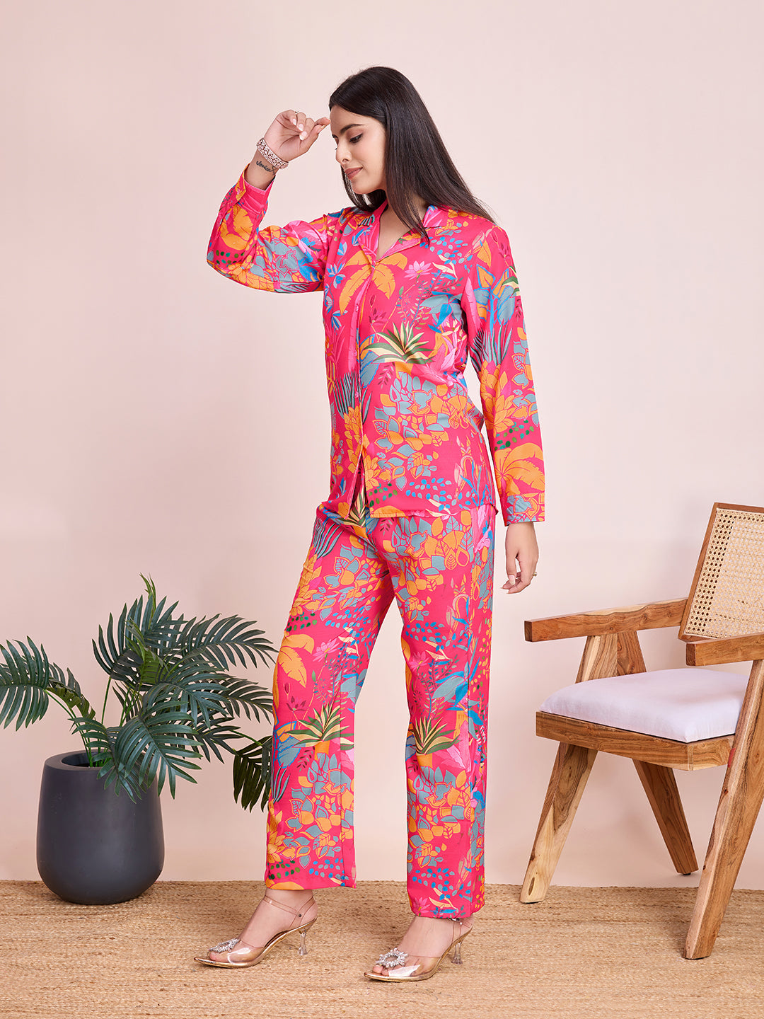 Pink Floral Digital Print Rayon Slub Cord Set