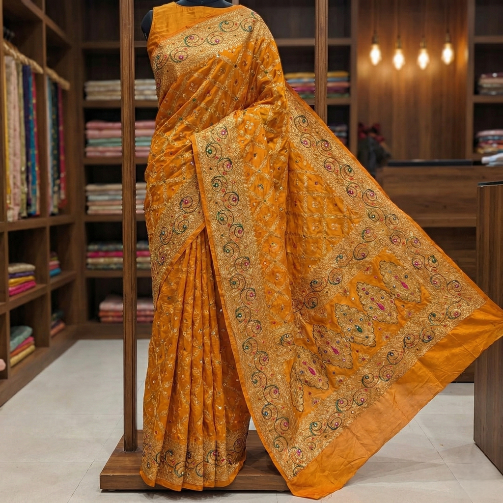 Golden Zari Gajmiter Work Silk Saree