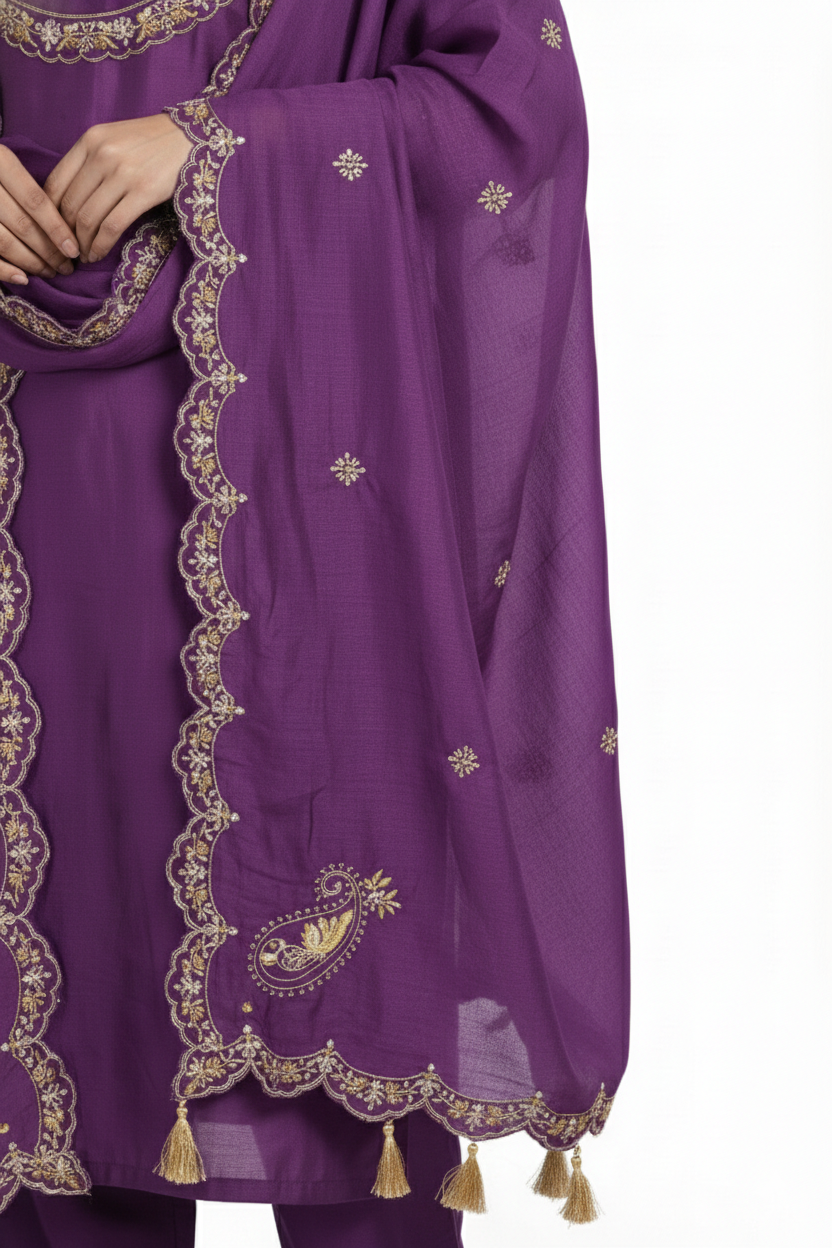 Purple (Jamuni) Thread Embroidery Kurta Set | Kurti + Bottom | 2PC