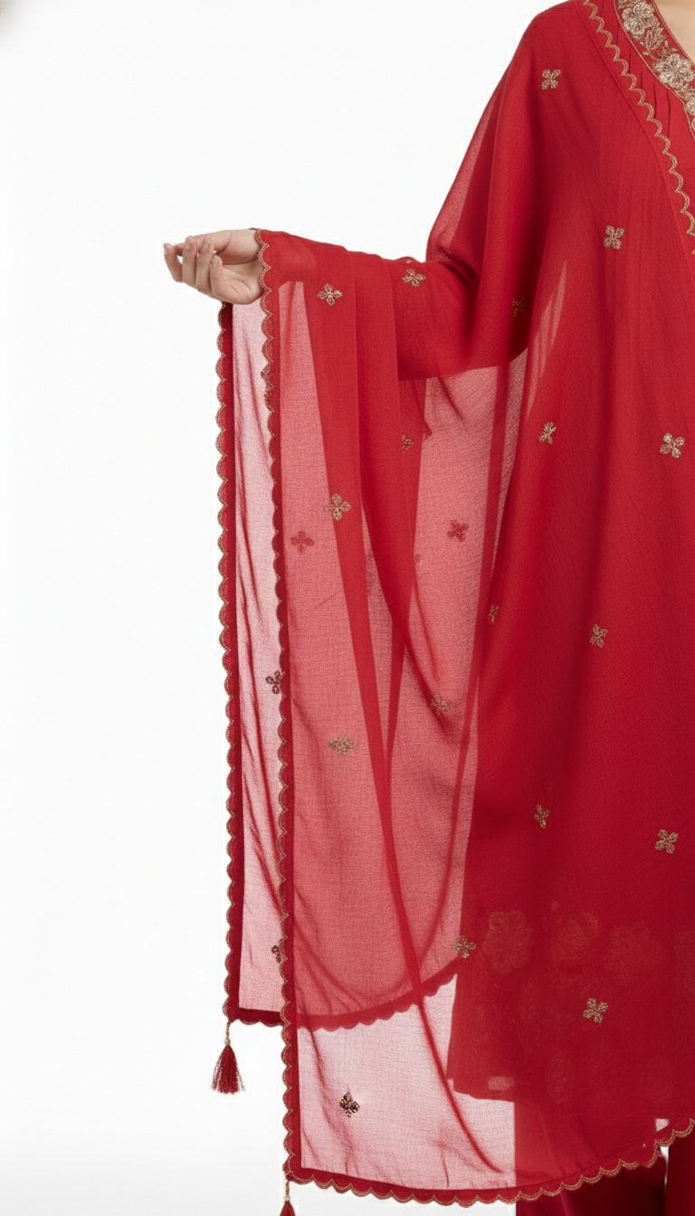 Cherry Red Pleated Top | Embroidered Neck Work | Elegant Party Wear