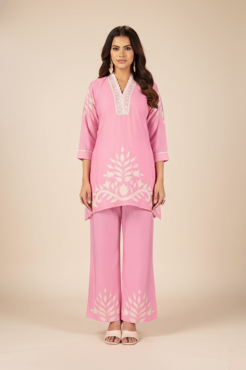 Pink Cotton-Viscose Embroidered Kurti Pant Set – Stylish Ethnic Co-ord