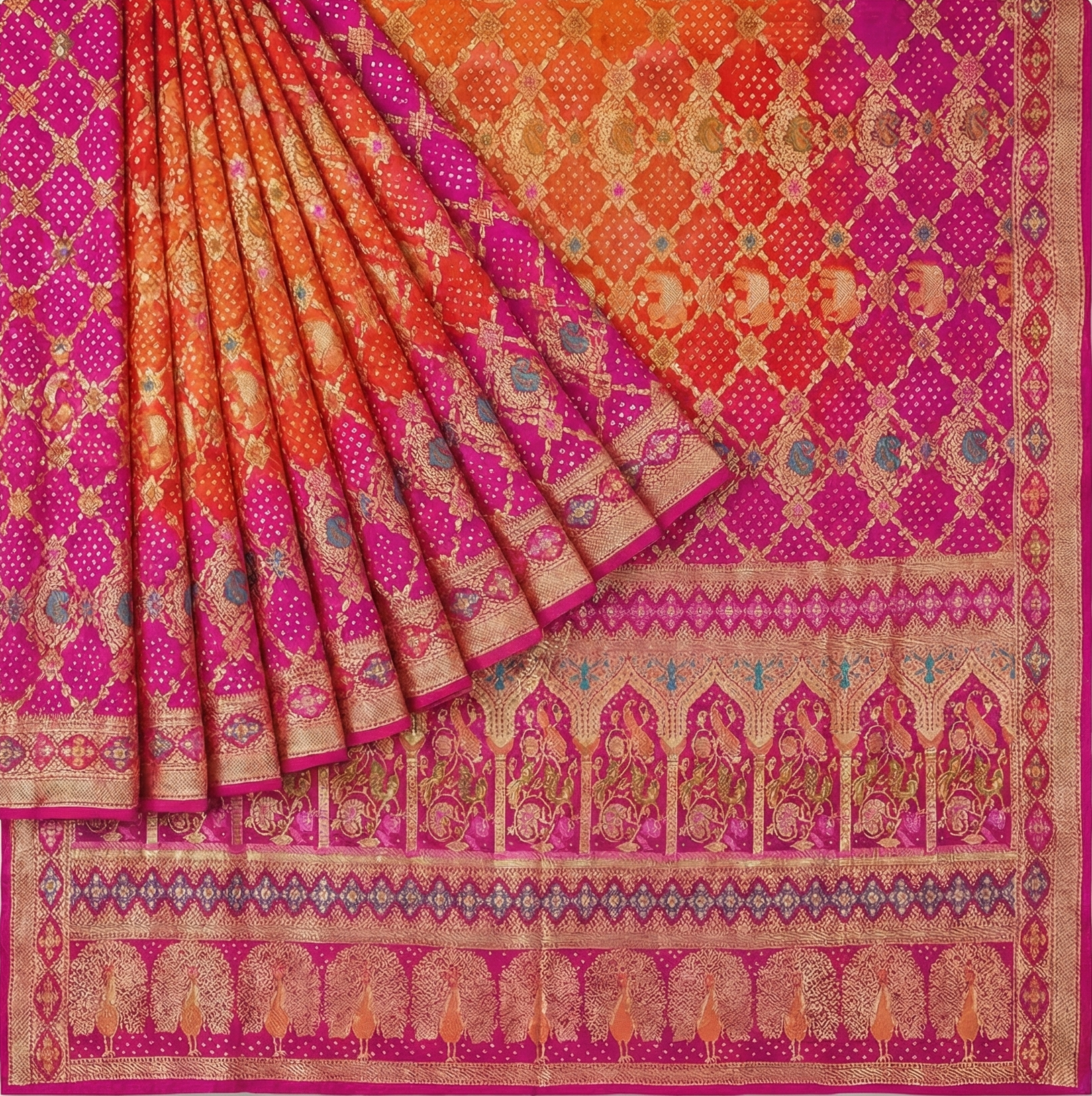 Banarasi Neemzari Meena Figure Bandhej Saree
