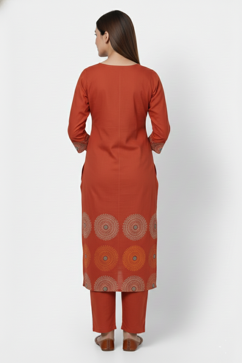 Rust Orange Handblock Print Kurta Pant Dupatta Set | 3PC Ethnic Wear
