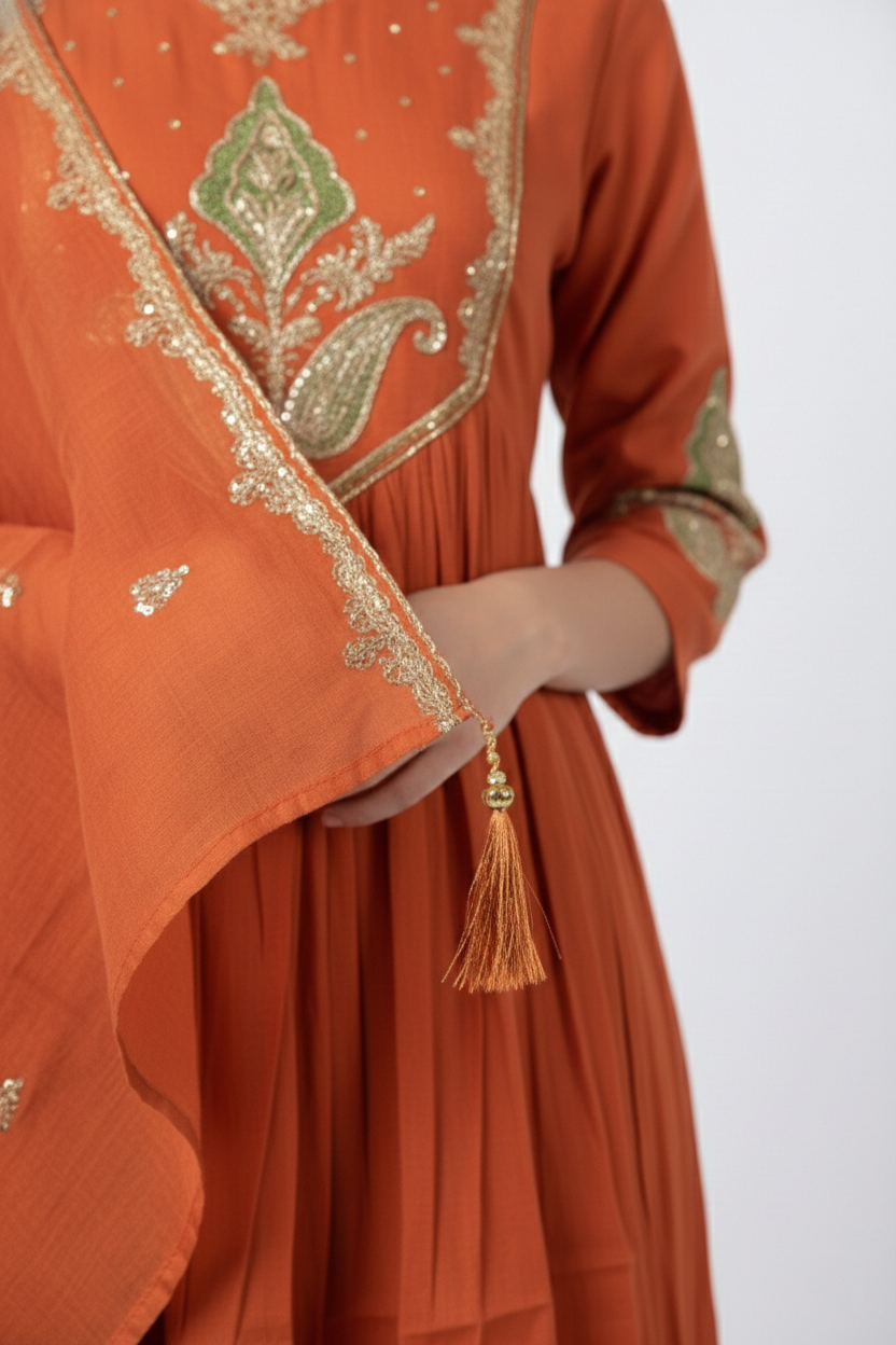 Rust Orange Embroidered Kurti Palazzo Set
