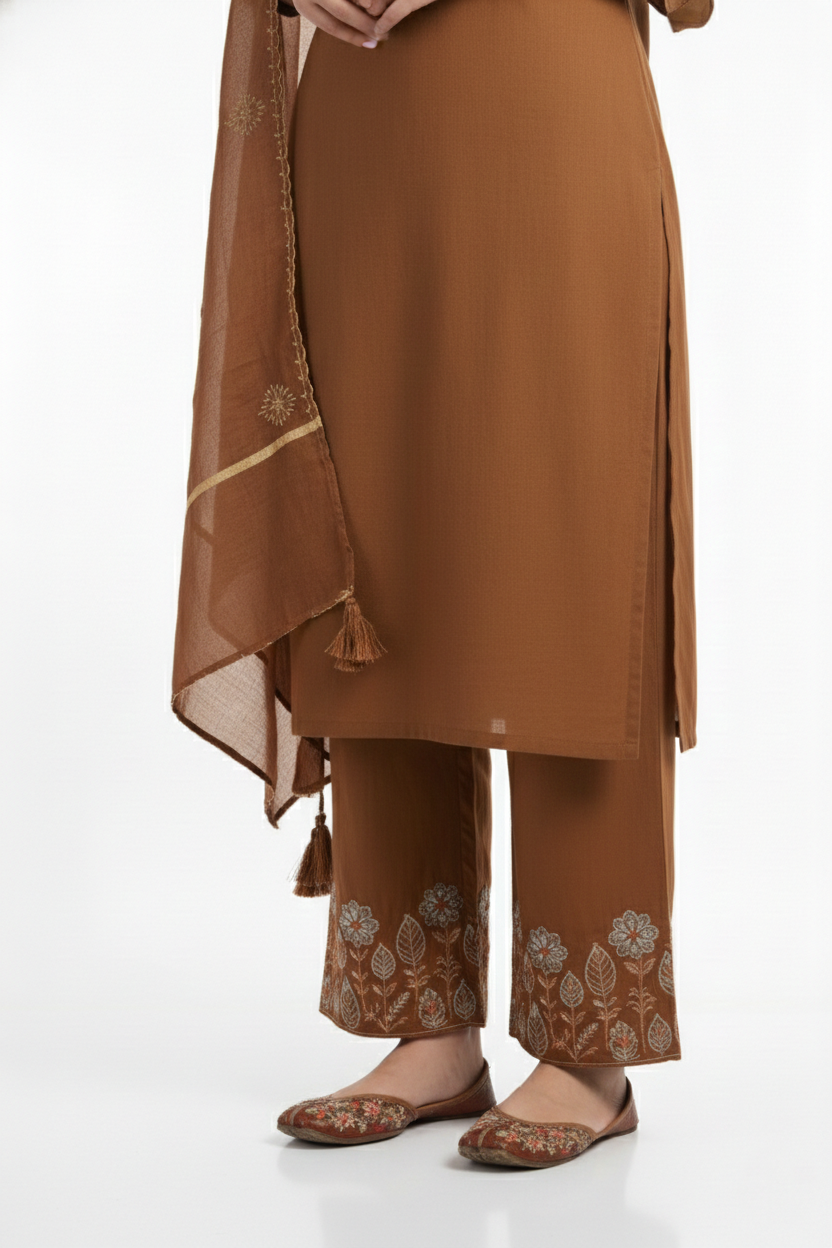 Rust Brown Pleated Kurta Pant Dupatta Set | Embroidered Neck & Hem | 3PC