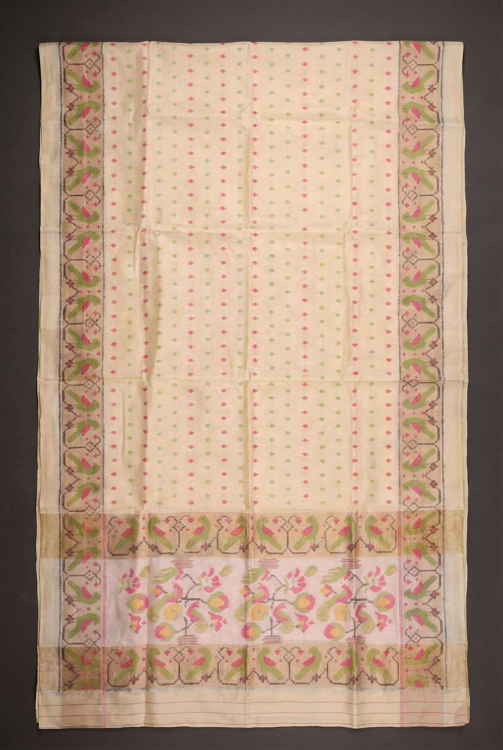 Cream and Pink Heritage Patola Silk Saree - Cream (soft ivory) base with pink accents