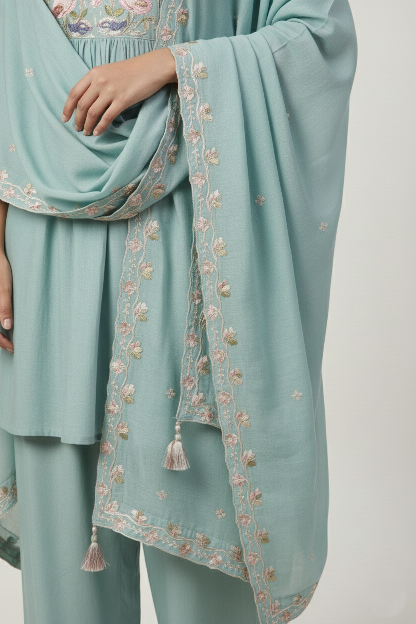 Sea Green Embroidered Kurti Palazzo Set with Dupatta | Premium 3PC Suit