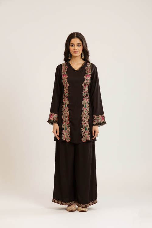 Black Floral Embroidered Kurti Palazzo Set – V-Neck & Bell Sleeves