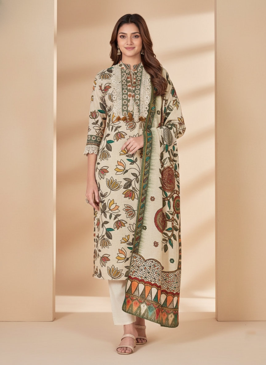 Multicolor Surat Cotton Embroidered Kurta 3-Piece Set with Dupatta – Floral Print