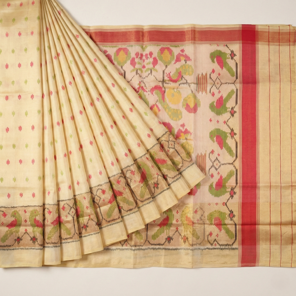 Cream and Pink Heritage Patola Silk Saree - Cream (soft ivory) base with pink accents