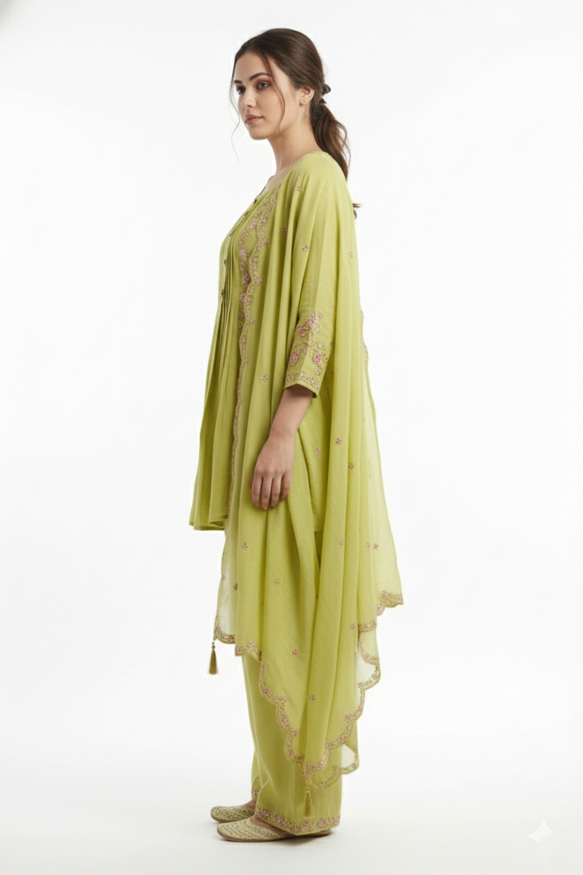 Pista Green Pleated Kurti Palazzo Set with Embroidered Dupatta | 3PC Suit Set