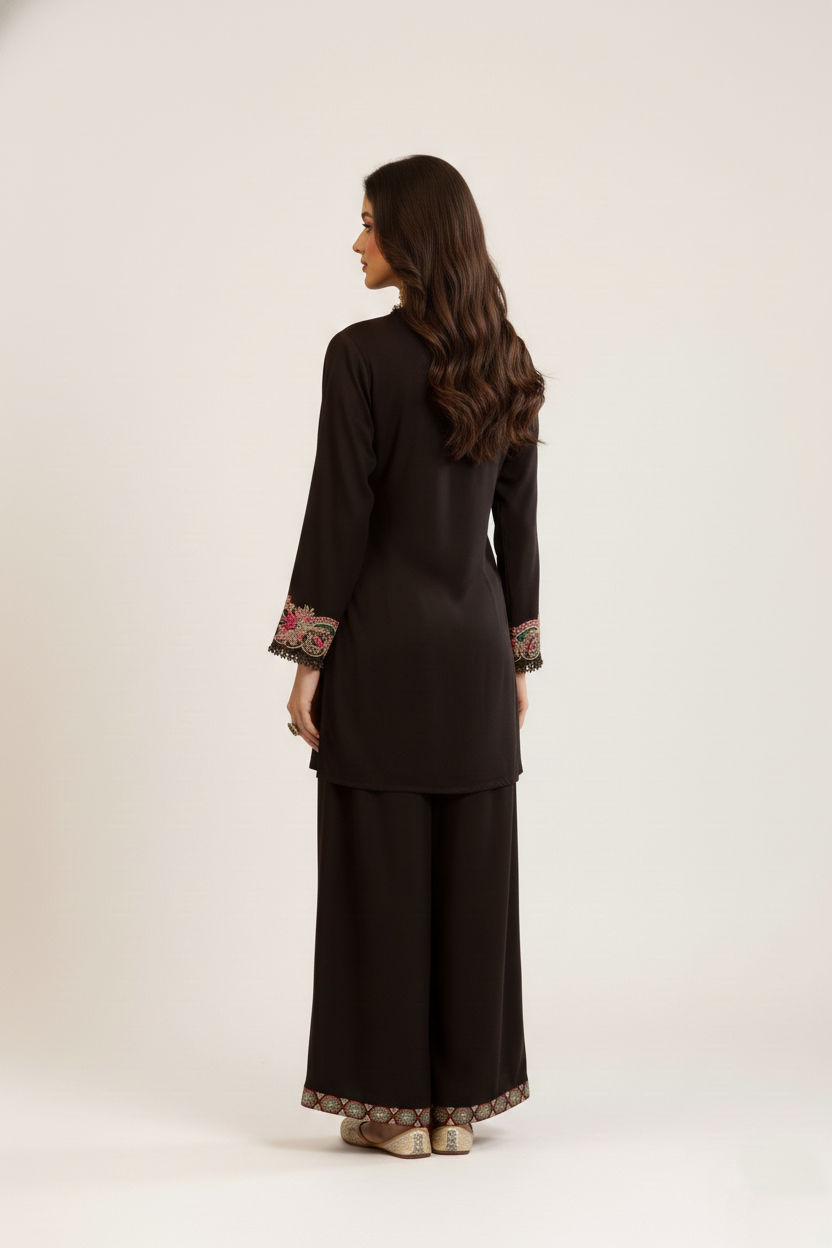 Black Floral Embroidered Kurti Palazzo Set – V-Neck & Bell Sleeves
