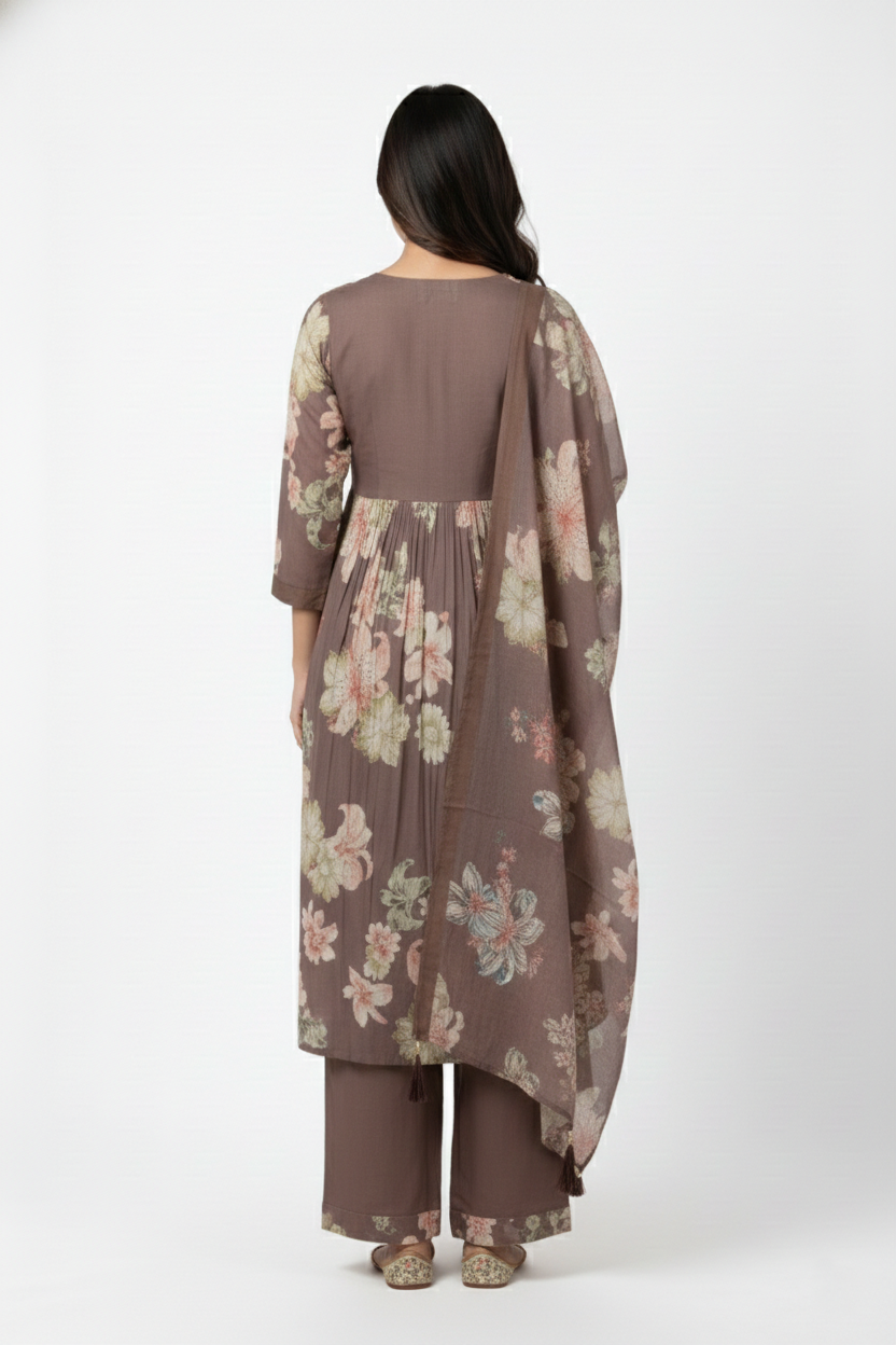 Chocolate Brown Floral Printed Cotton Poplin Suit | Mirror Work Neck | 3PC Set