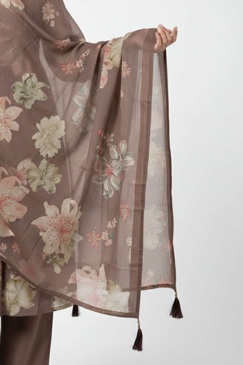 Chocolate Brown Floral Printed Cotton Poplin Suit | Mirror Work Neck | 3PC Set