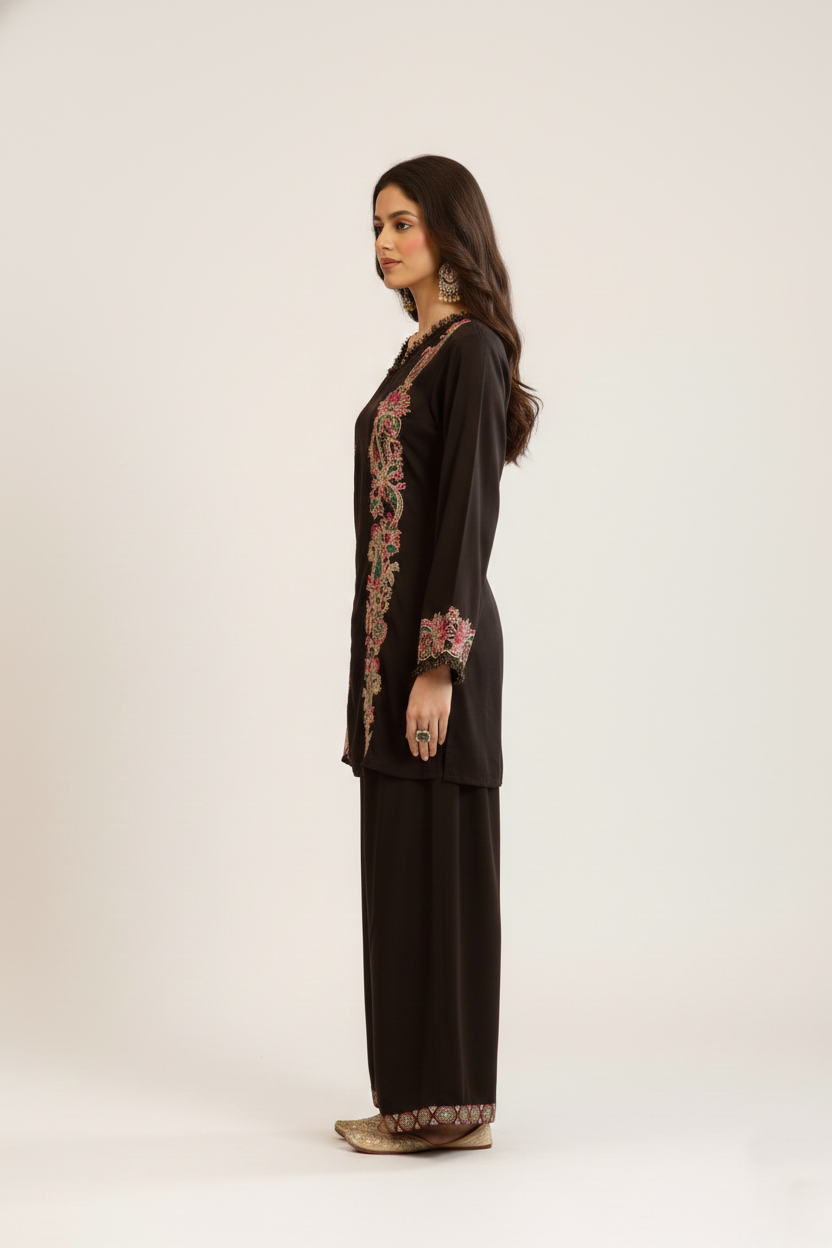 Black Floral Embroidered Kurti Palazzo Set – V-Neck & Bell Sleeves