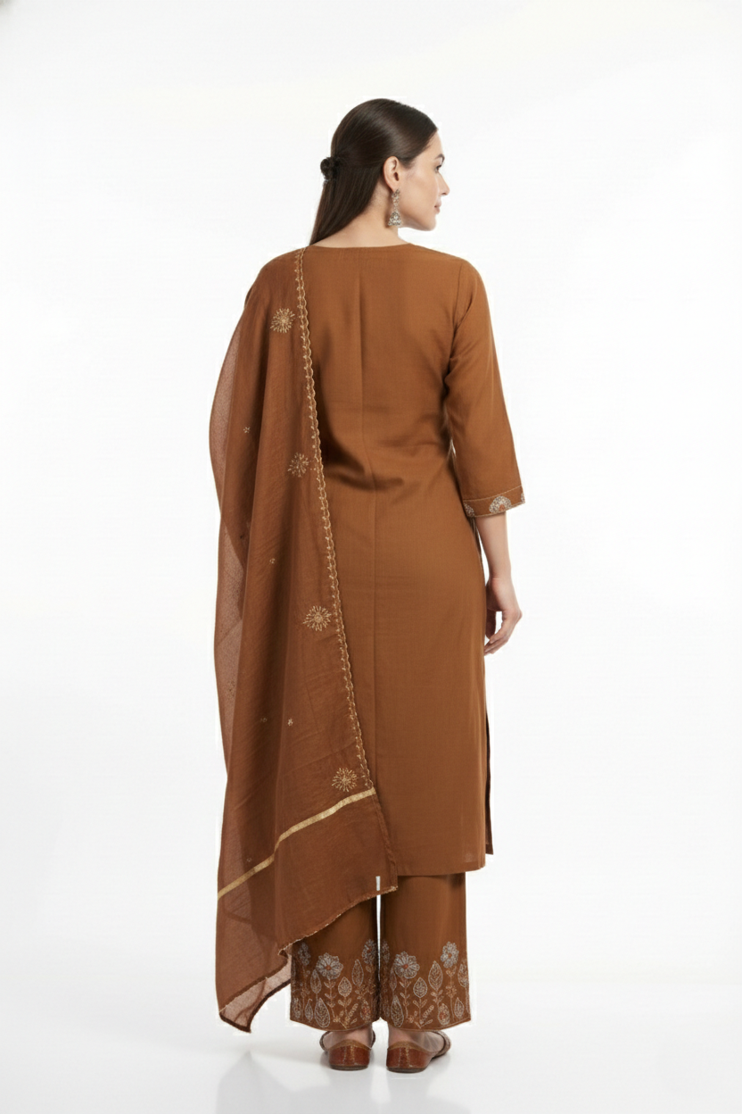 Rust Brown Pleated Kurta Pant Dupatta Set | Embroidered Neck & Hem | 3PC
