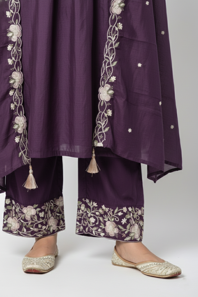 Purple Embroidered Stone Work Sharara Set with Dupatta | 3PC Festive Wear
