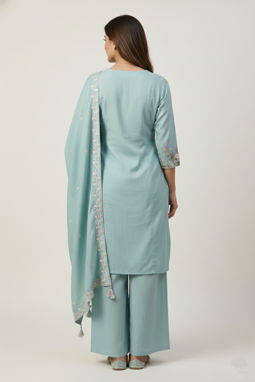 Sea Green Embroidered Kurti Palazzo Set with Dupatta | Premium 3PC Suit
