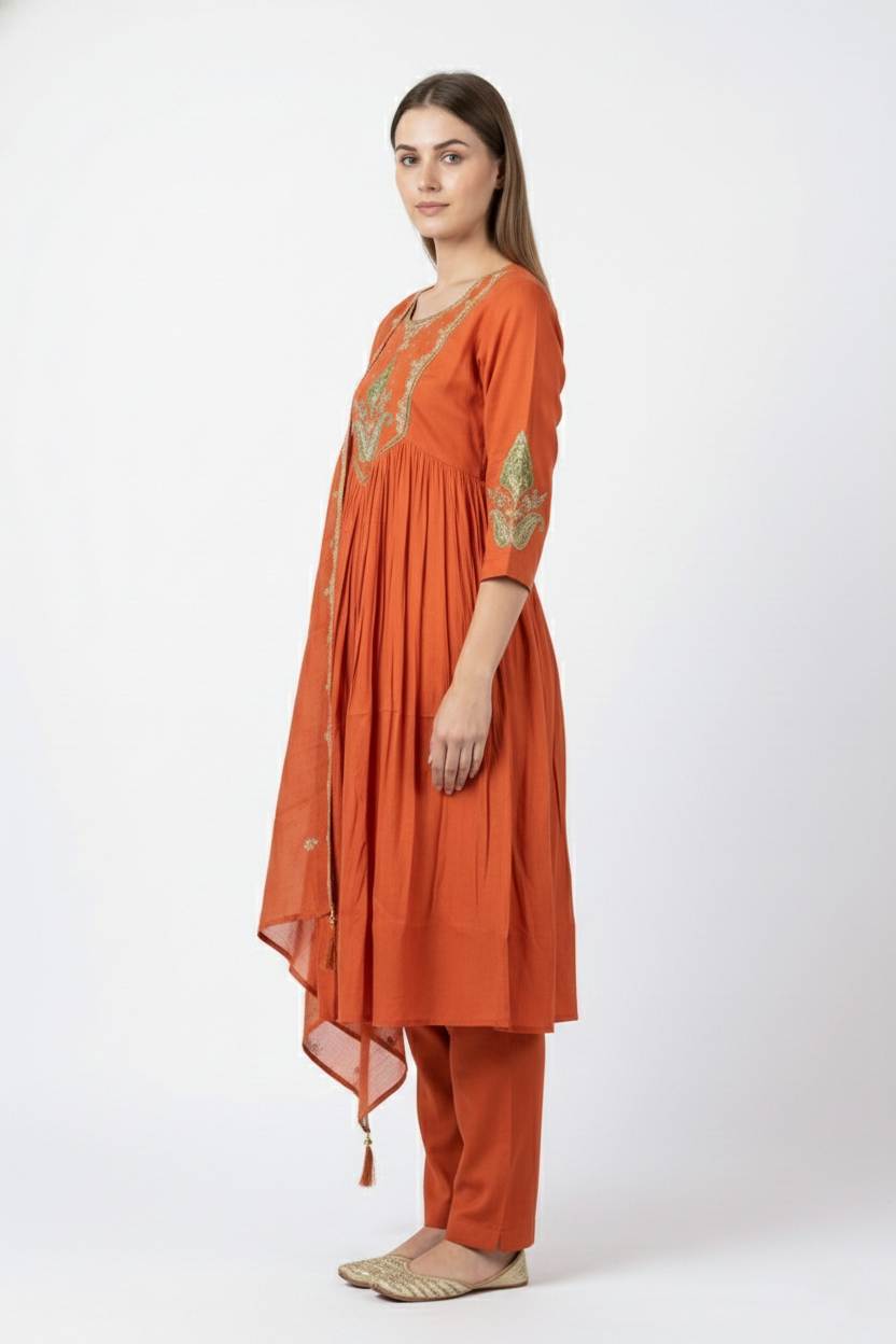Rust Orange Embroidered Kurti Palazzo Set