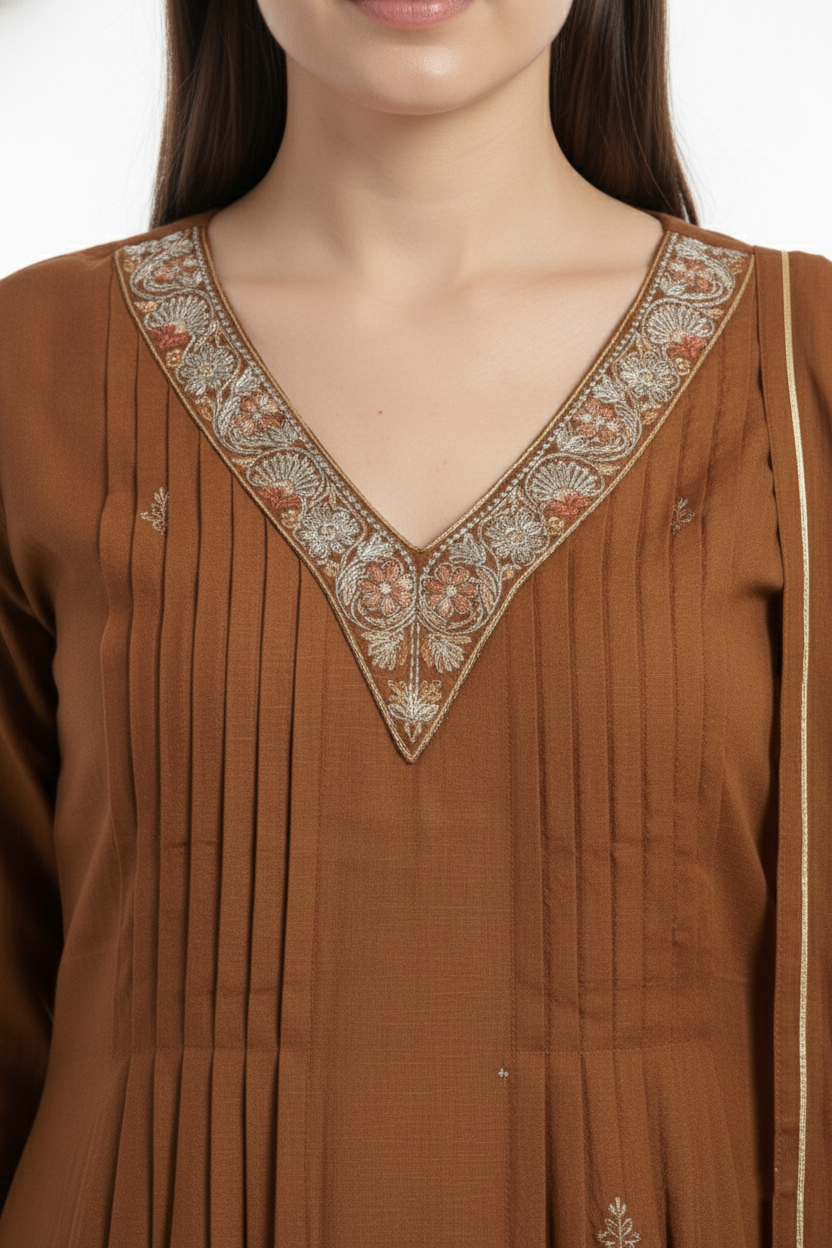 Rust Brown Pleated Kurta Pant Dupatta Set | Embroidered Neck & Hem | 3PC