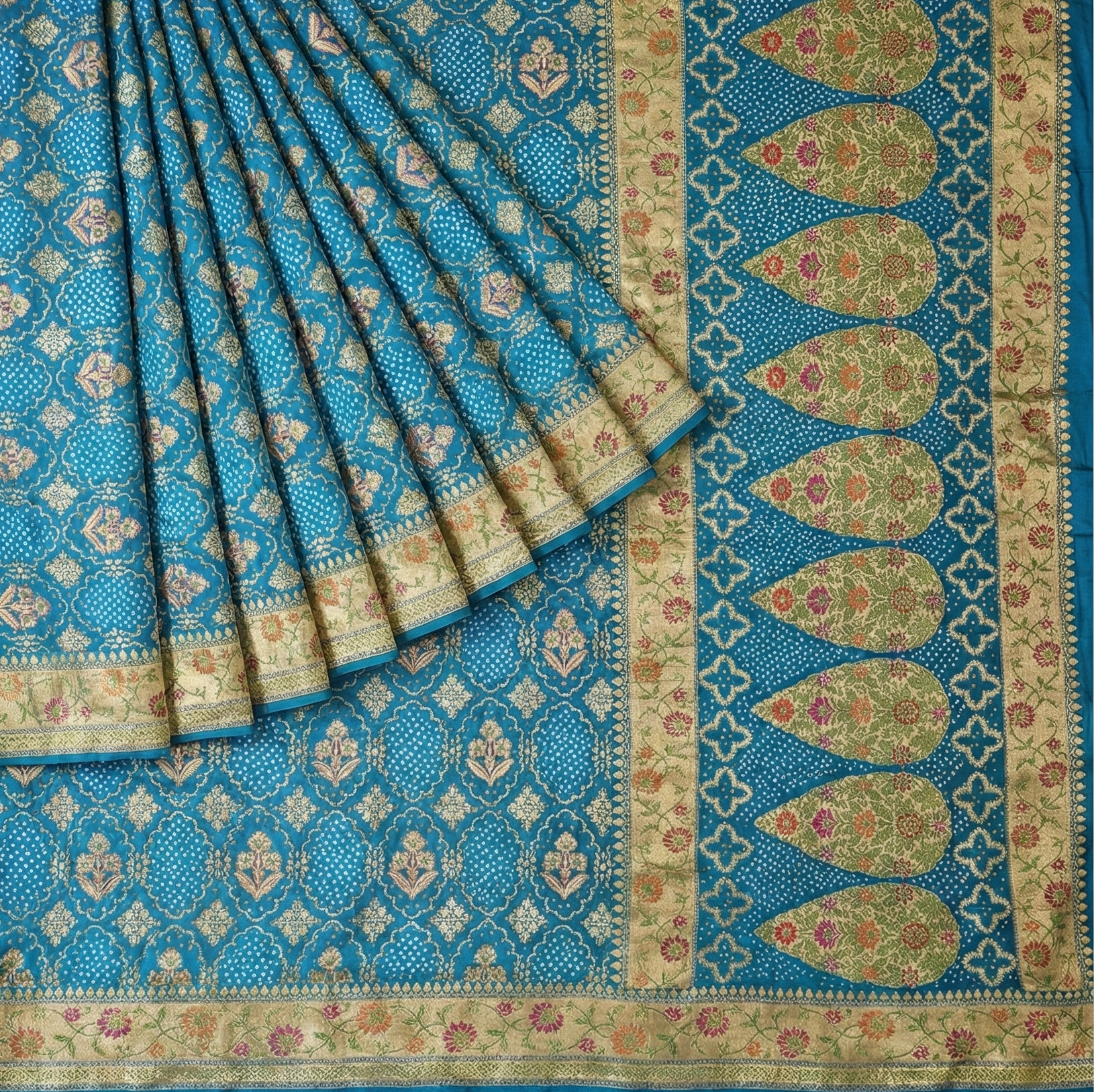 Banarasi Rai Dana Teal Blue Bandhej Saree