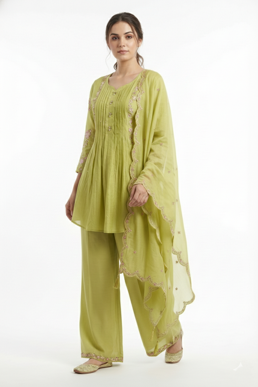 Pista Green Pleated Kurti Palazzo Set with Embroidered Dupatta | 3PC Suit Set