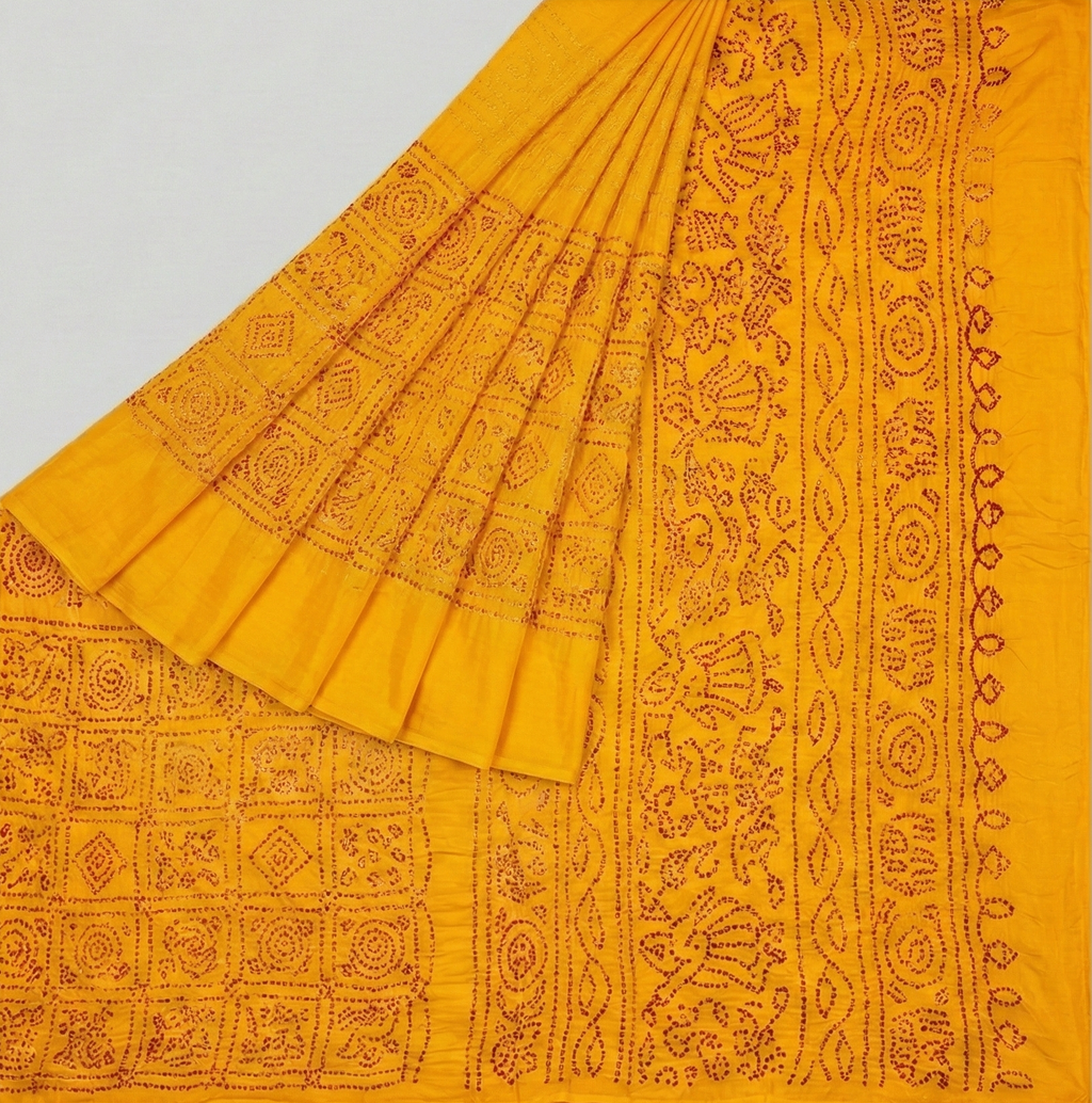 Pure Hazarbutti Silk Lemon Bandhej Saree