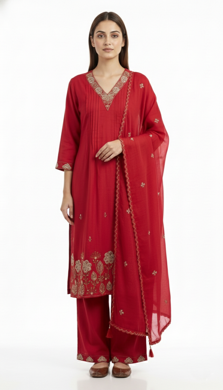 Cherry Red Pleated Top | Embroidered Neck Work | Elegant Party Wear