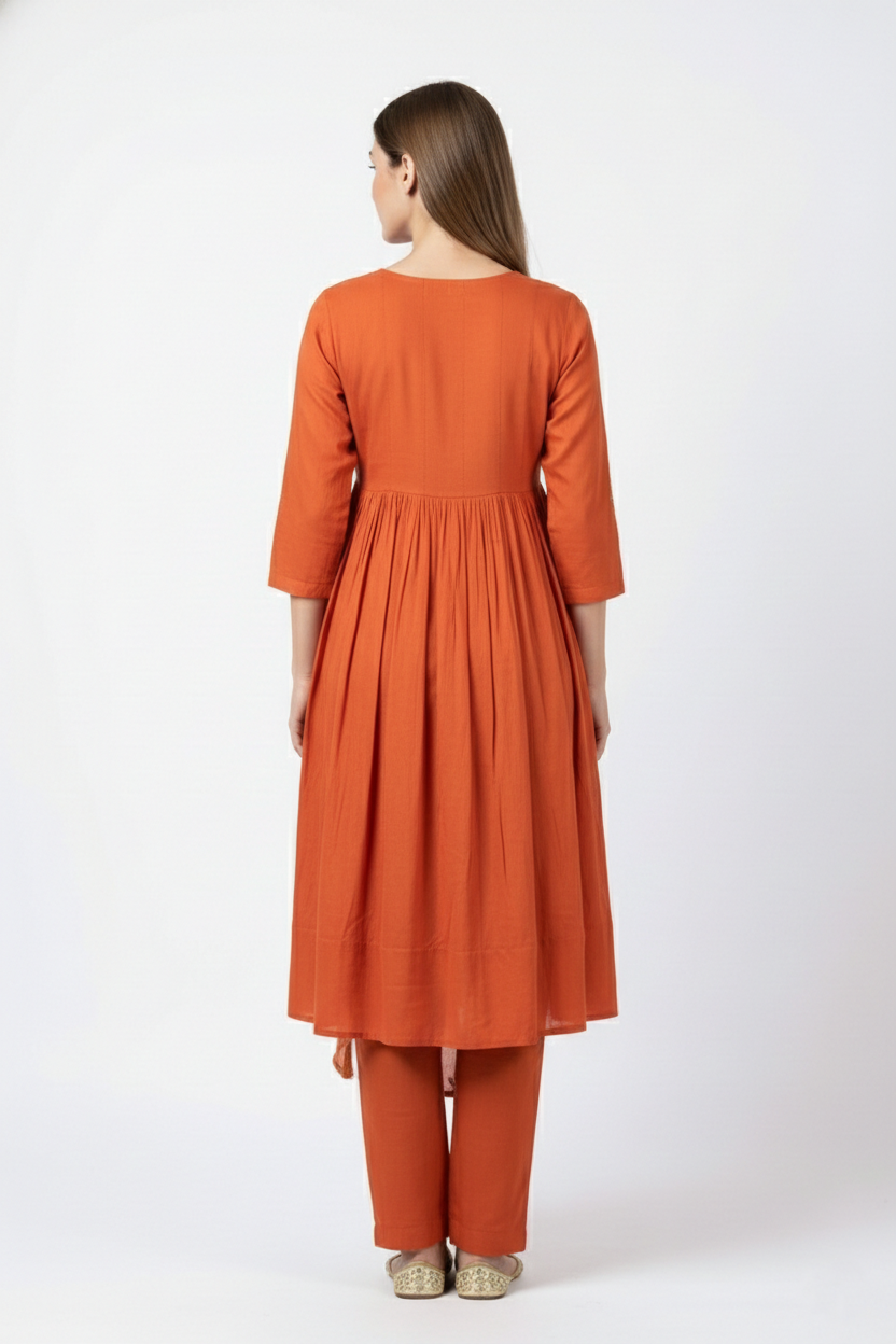 Rust Orange Embroidered Kurti Palazzo Set
