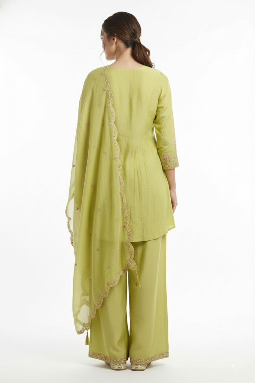 Pista Green Pleated Kurti Palazzo Set with Embroidered Dupatta | 3PC Suit Set