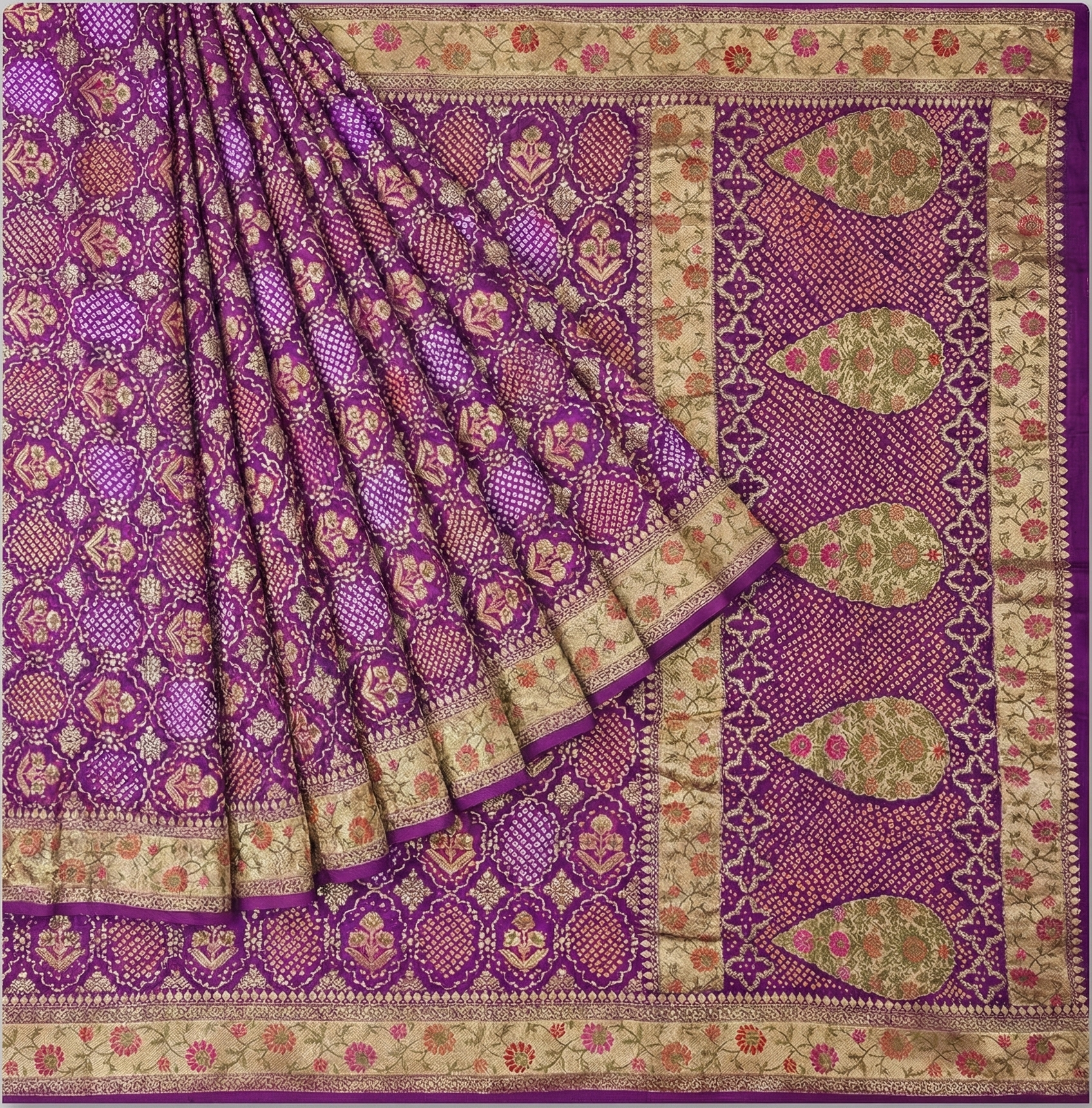 Purple Banarasi Bandhej Bandhani Rai Dana Saree