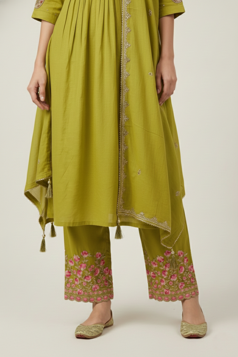 Mehendi Green Embroidered Suit Set with Dupatta | Kurti Pant 3PC
