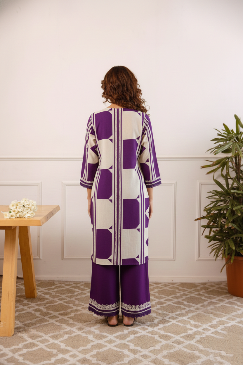 Purple Poplin Cotton Co-ord Set – Embroidered Neck Work Kurti Palazzo