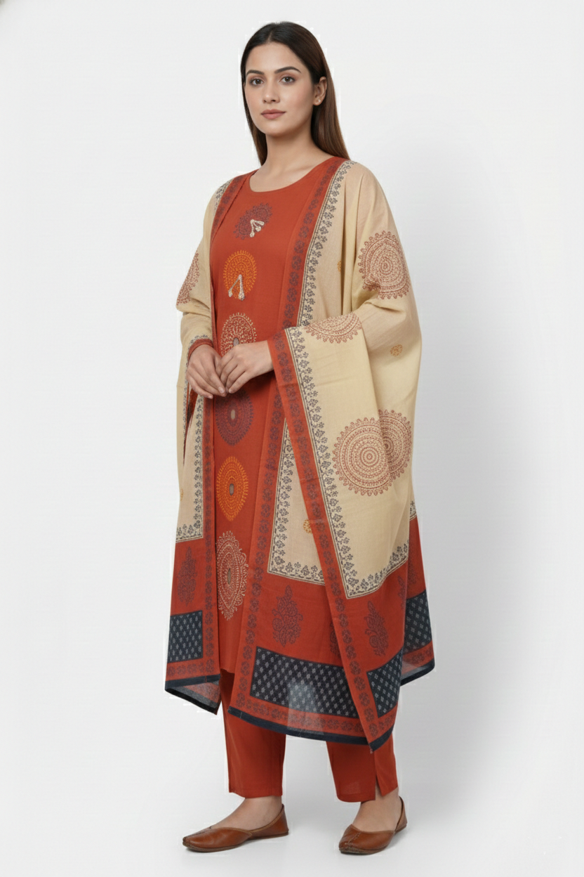 Rust Orange Handblock Print Kurta Pant Dupatta Set | 3PC Ethnic Wear