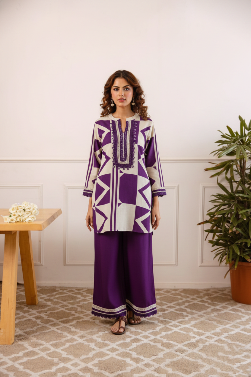 Purple Poplin Cotton Co-ord Set – Embroidered Neck Work Kurti Palazzo
