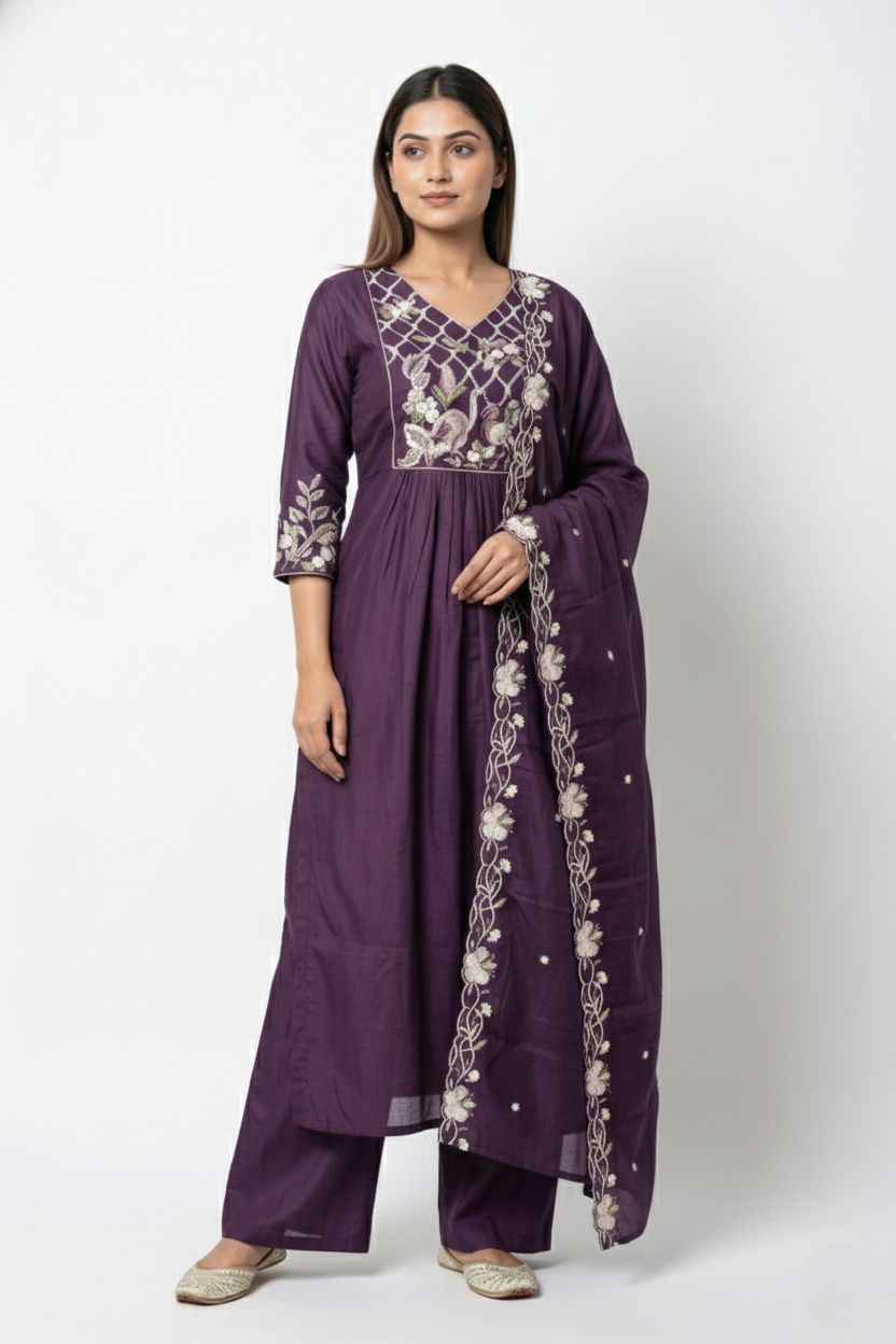 Purple Embroidered Stone Work Sharara Set with Dupatta | 3PC Festive Wear
