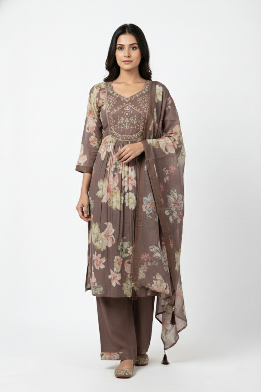 Chocolate Brown Floral Printed Cotton Poplin Suit | Mirror Work Neck | 3PC Set