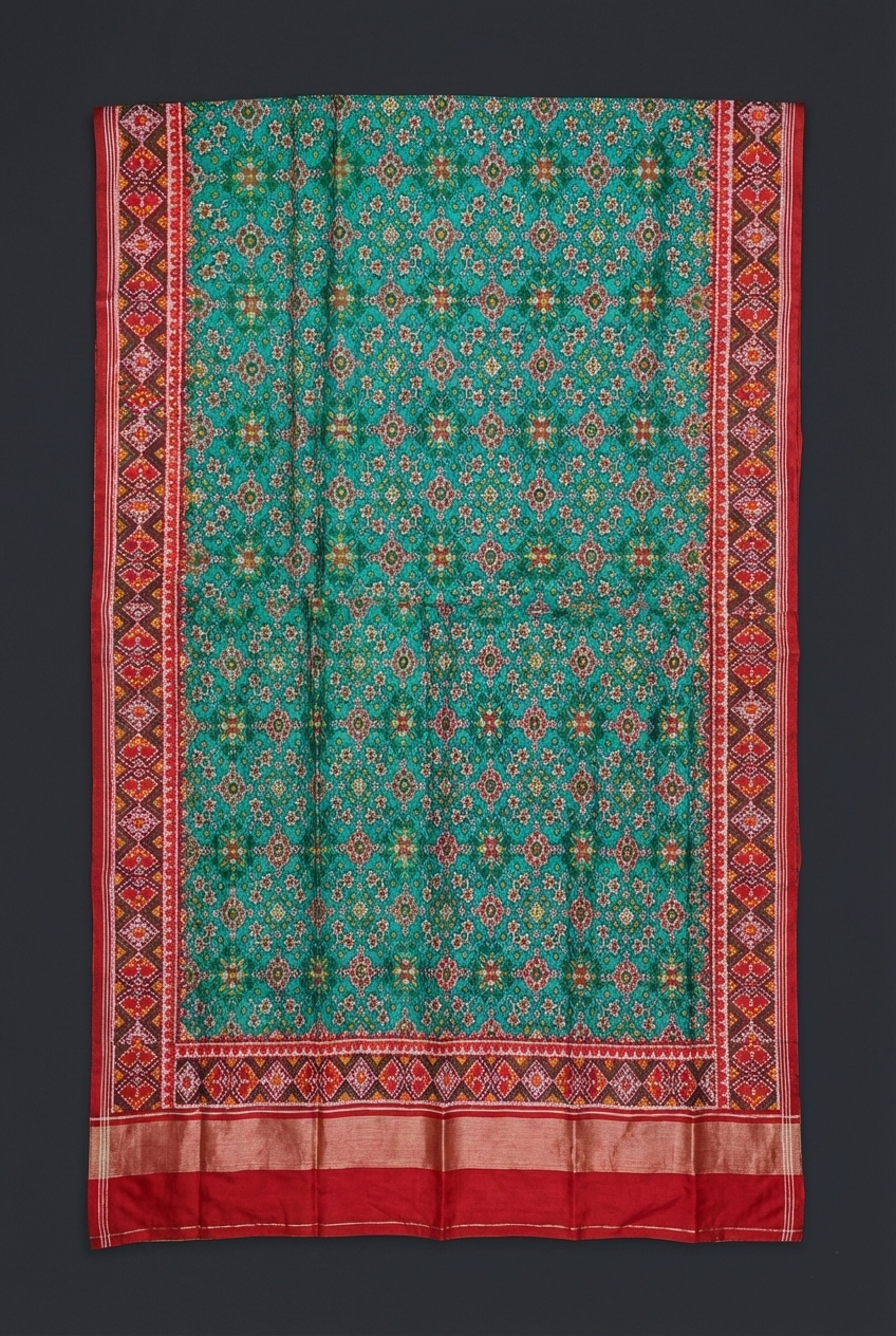 Green Twill Navratna Patola Silk Saree - Green