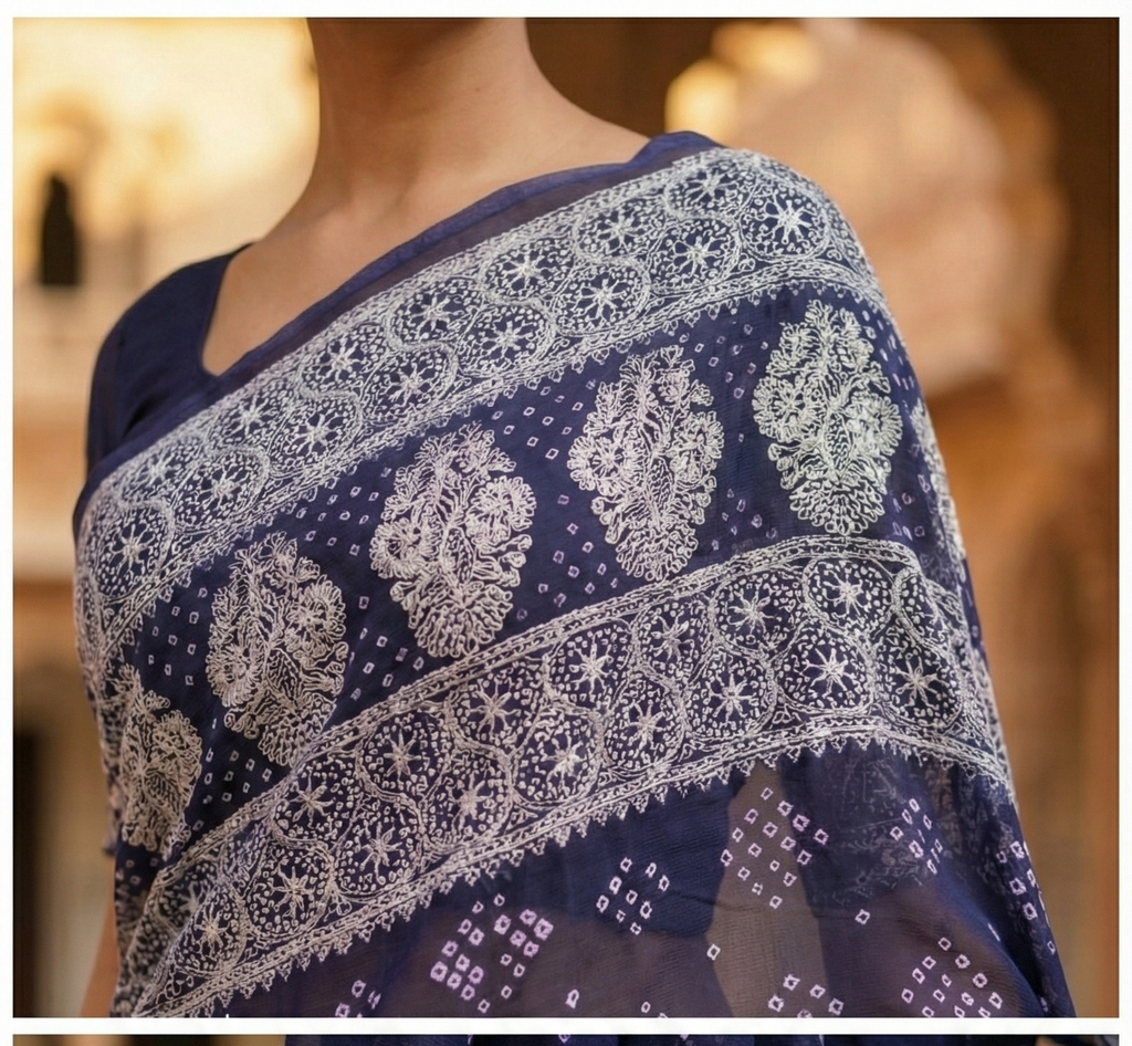 Zari Border Blue Bandhej Lucknowi Saree