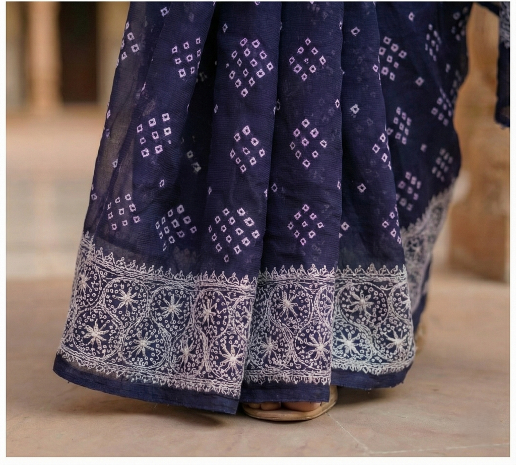 Zari Border Blue Bandhej Lucknowi Saree