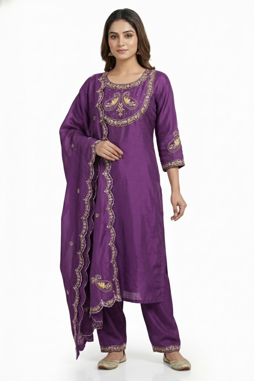 Purple (Jamuni) Thread Embroidery Kurta Set | Kurti + Bottom | 2PC