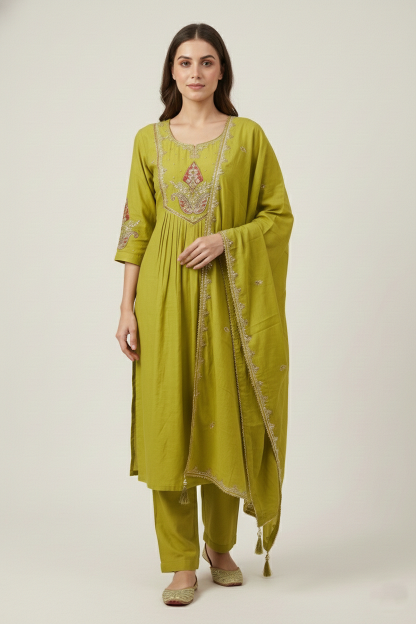 Mehendi Green Embroidered Suit Set with Dupatta | Kurti Pant 3PC
