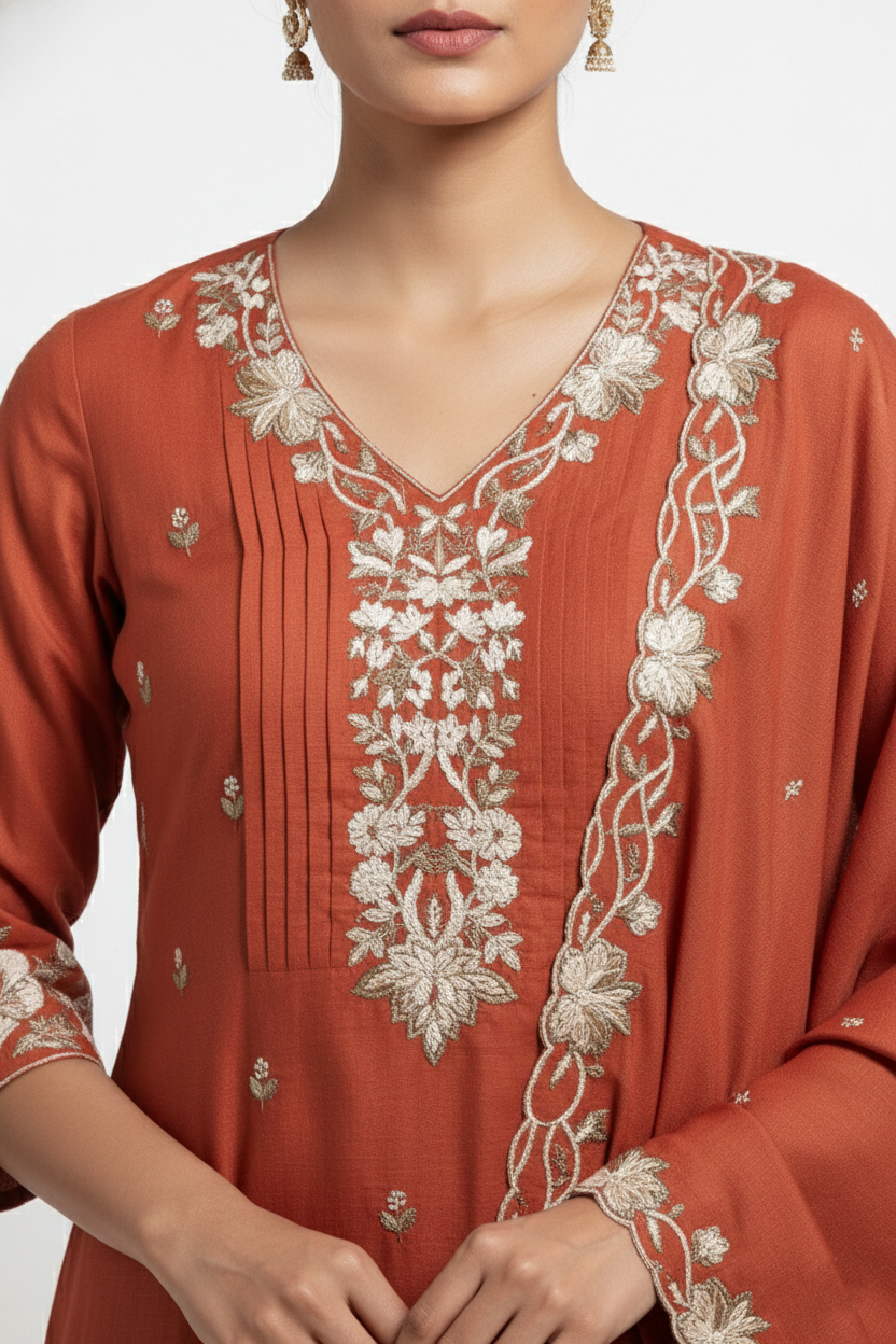 Rust Orange Embroidered Kurta Palazzo Dupatta Set | 3PC Festive Wear