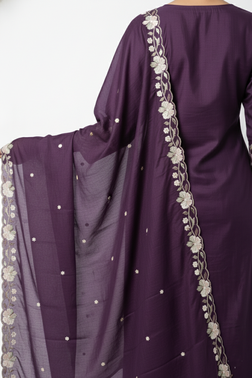 Purple Embroidered Stone Work Sharara Set with Dupatta | 3PC Festive Wear
