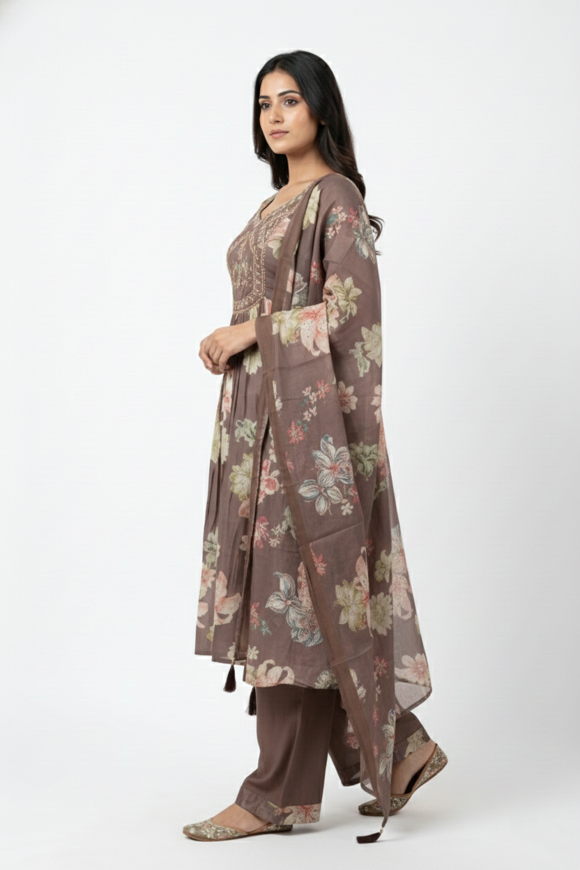 Chocolate Brown Floral Printed Cotton Poplin Suit | Mirror Work Neck | 3PC Set