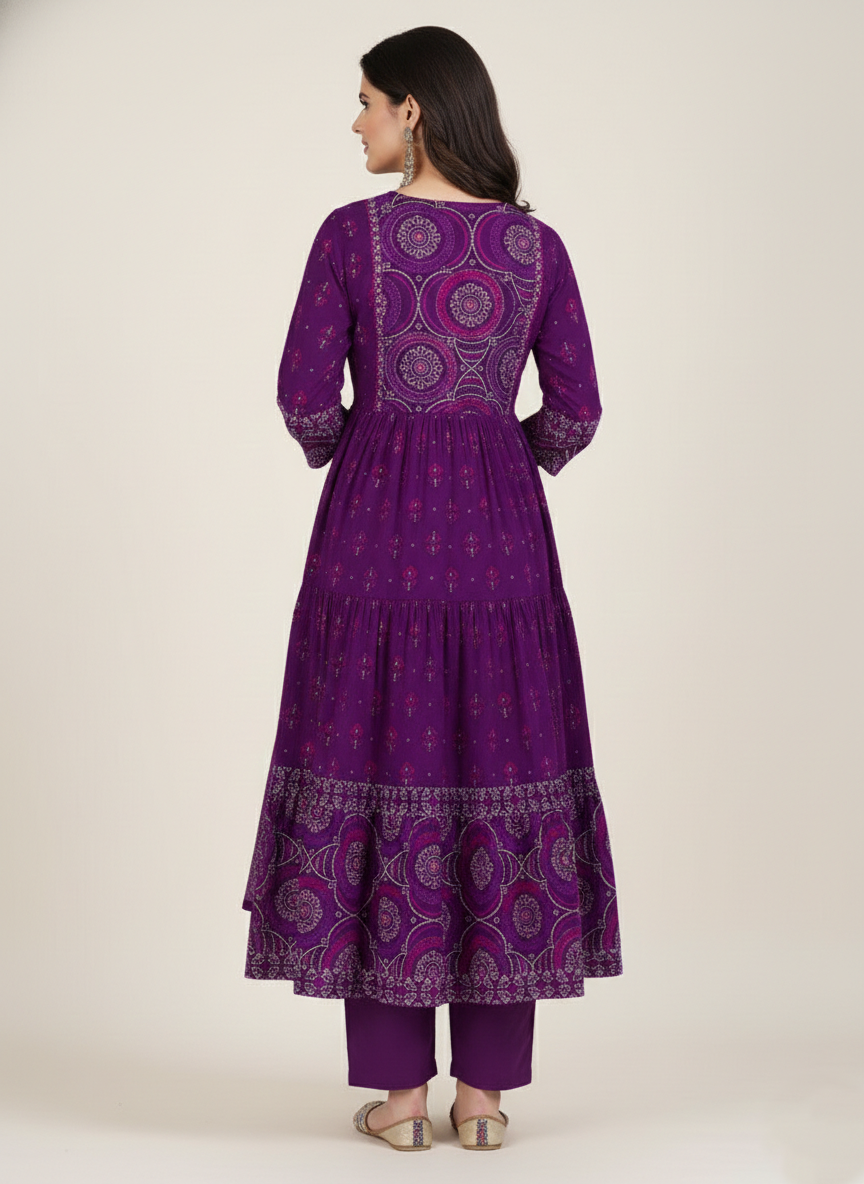 Purple Modal Bandhej Mirror Work 3-Piece Kurta Set with Dupatta – Festive Wear