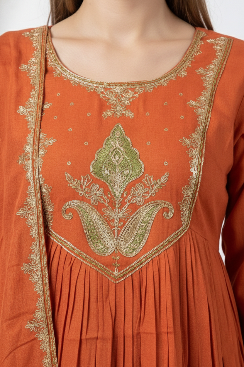 Rust Orange Embroidered Kurti Palazzo Set