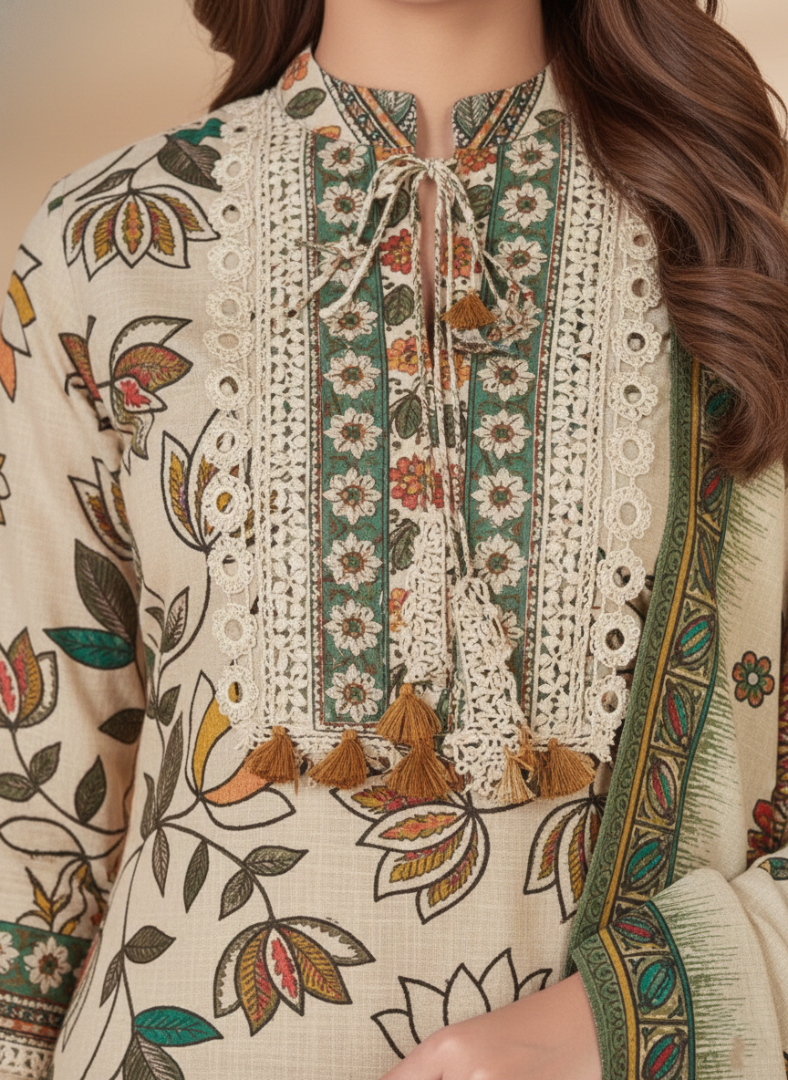 Multicolor Surat Cotton Embroidered Kurta 3-Piece Set with Dupatta – Floral Print